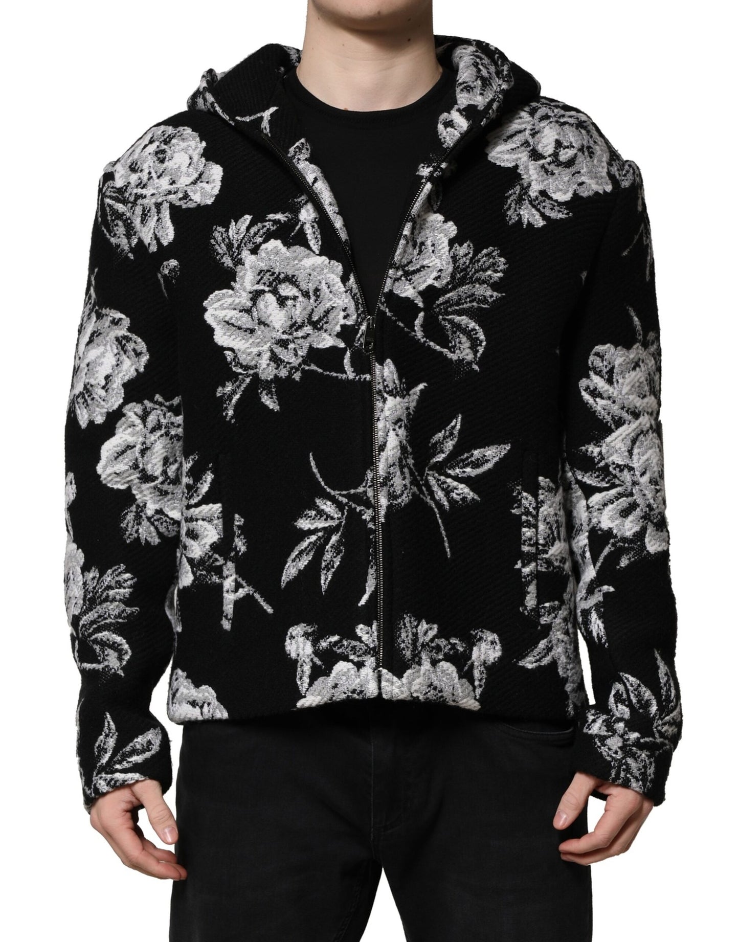 Dolce & Gabbana Black Wool Floral Printed Men Hooded Jacket