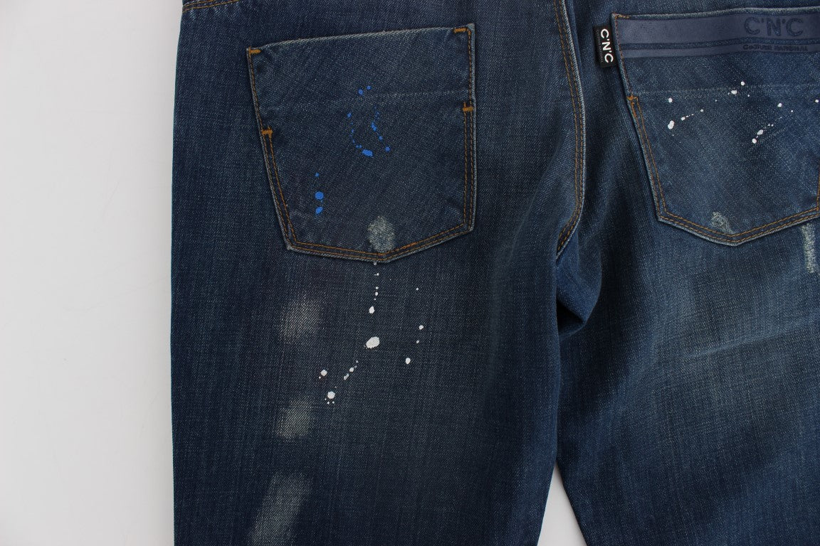Costume National Blue Wash Paint Slim Fit Pants Jeans