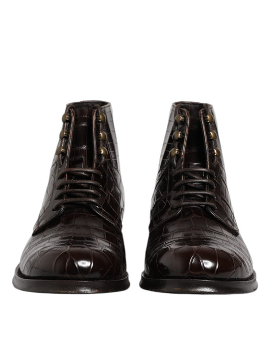 Dolce & Gabbana Dark Brown Leather Lace Up Short Boots Shoes