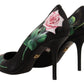 Dolce & Gabbana Black Leather Roses High Heels Pumps Shoes