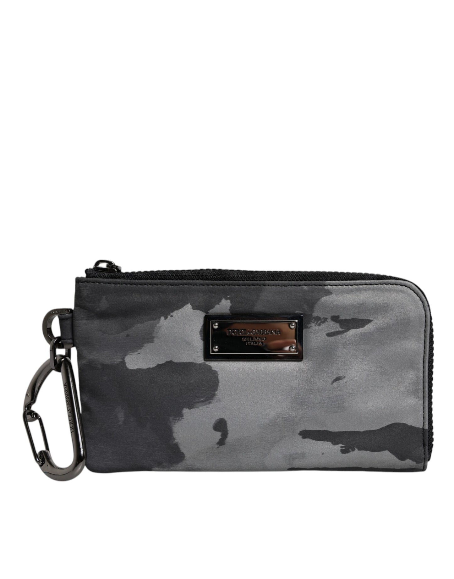 Dolce & Gabbana Black Gray Camouflage Logo Plaque Keyring Pouch Bag