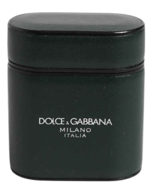 Dolce & Gabbana Green Calfskin Leather Logo Print Flip Holder Airpods Case