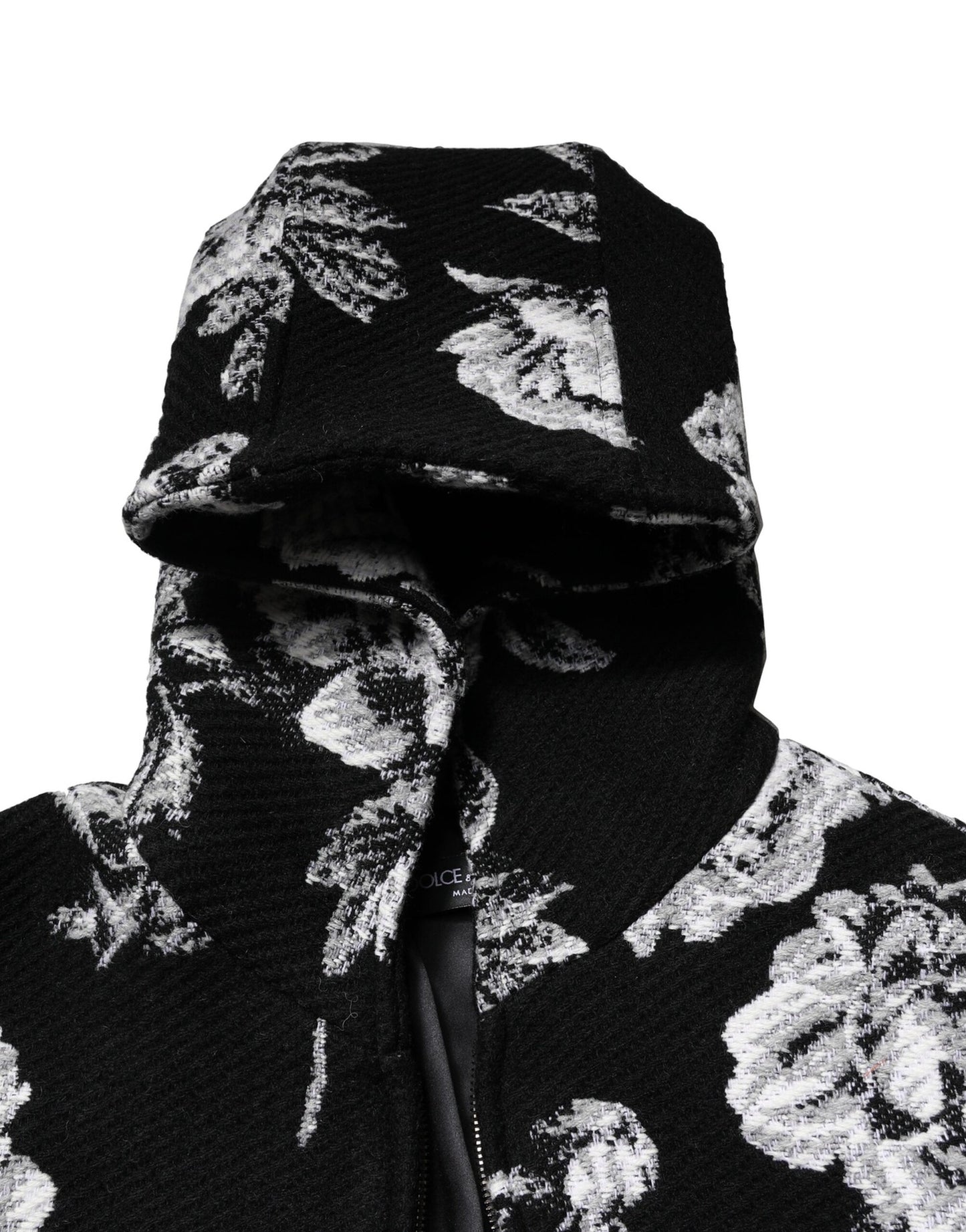 Dolce & Gabbana Black Wool Floral Printed Men Hooded Jacket