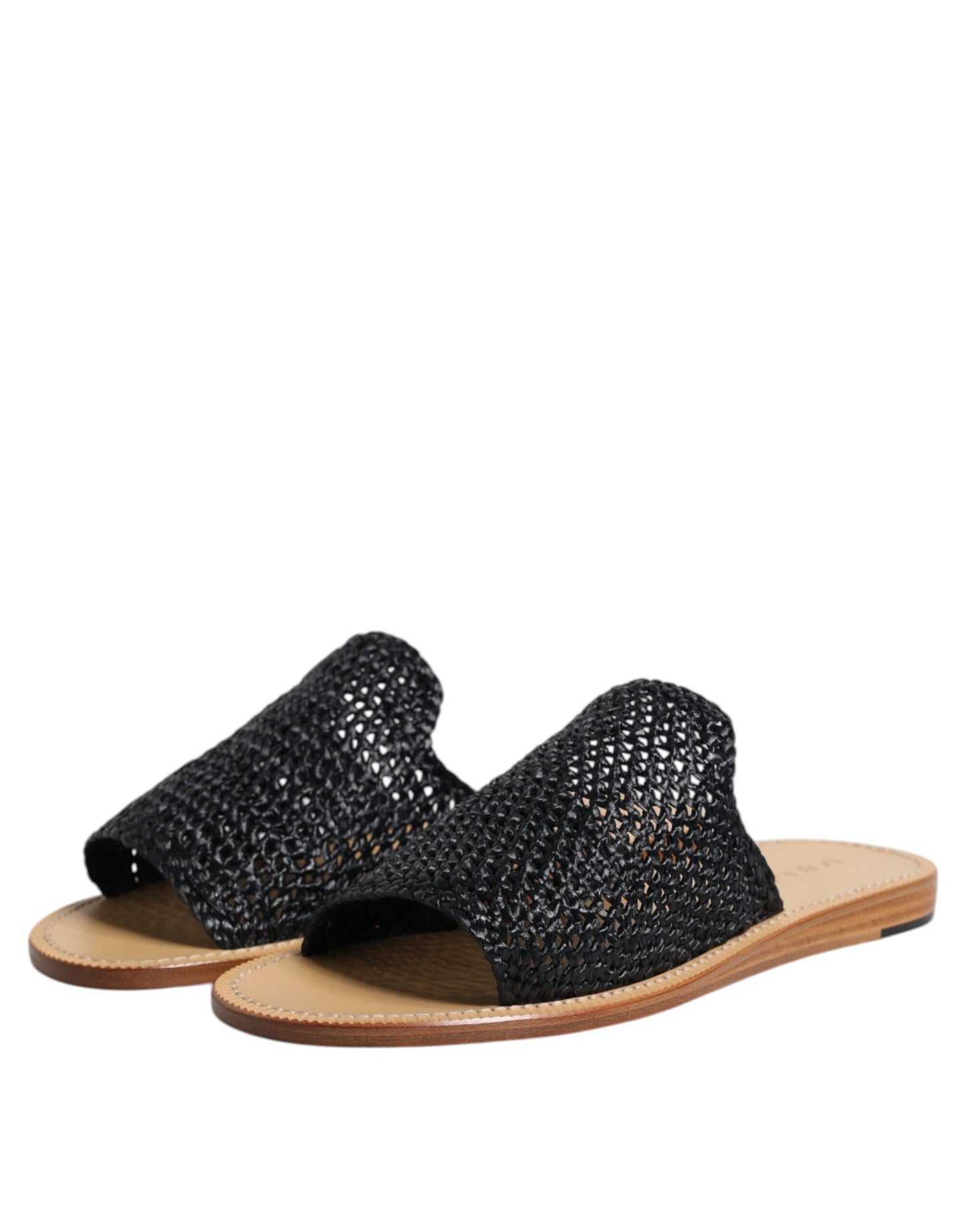 Dolce & Gabbana Black Monochrome Braided Raffia Slides Shoes