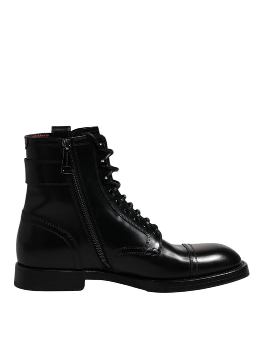 Dolce & Gabbana Black Leather Mid Calf Boots Lace Up Shoes
