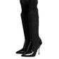 Dolce & Gabbana Black Leather Ribbed Knit Knee Boots Shoes