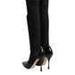 Dolce & Gabbana Black Leather Ribbed Knit Knee Boots Shoes
