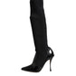 Dolce & Gabbana Black Leather Ribbed Knit Knee Boots Shoes