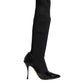 Dolce & Gabbana Black Leather Ribbed Knit Knee Boots Shoes