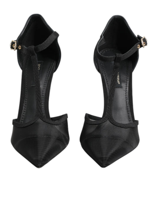 Dolce & Gabbana Black Mesh T-strap Stiletto High Heels Shoes