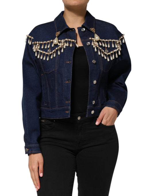 Dolce & Gabbana Blue Cotton Denim Crystal Embellished Jacket