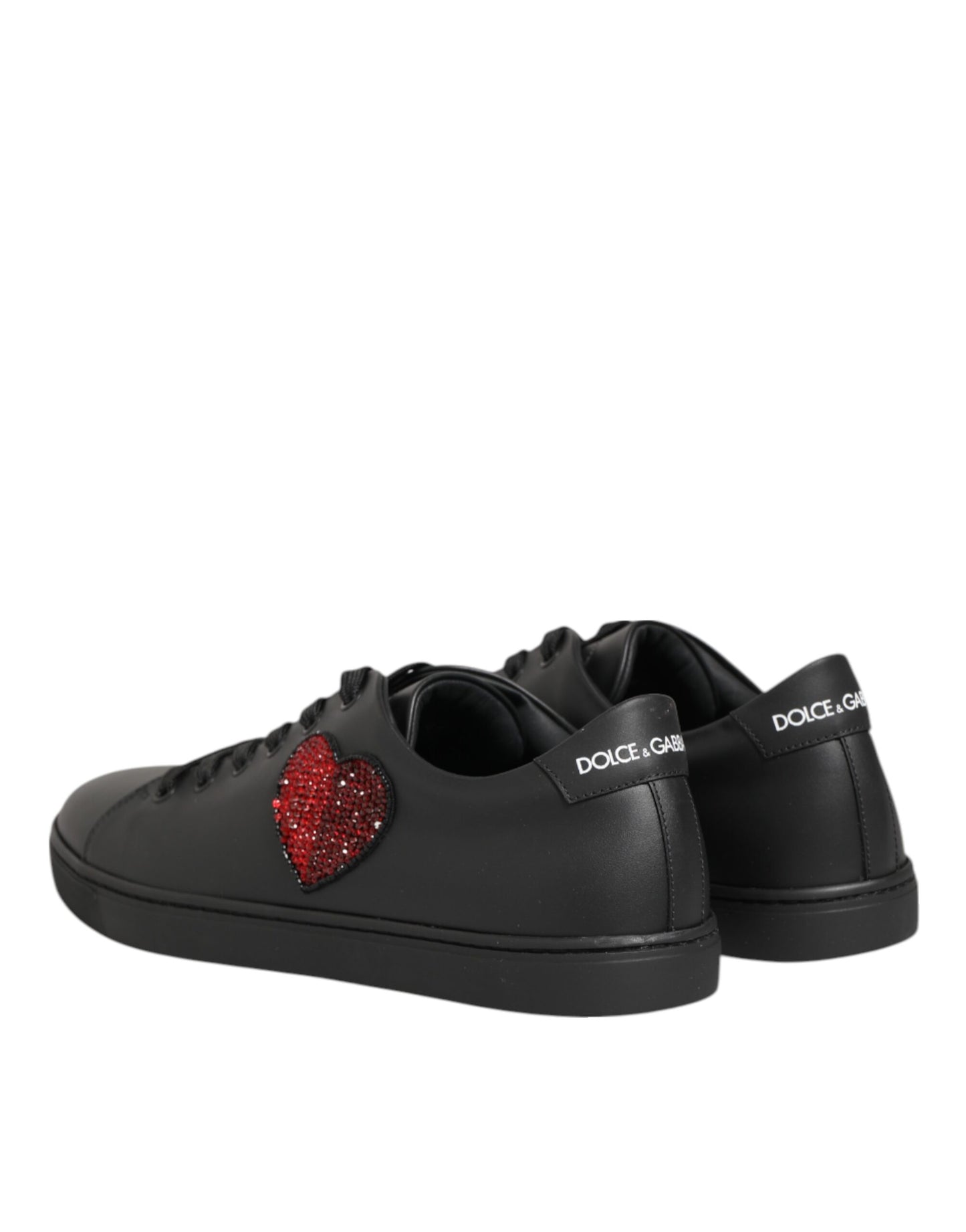 Dolce & Gabbana Black Leather Crystal Heart Sneakers  Shoes